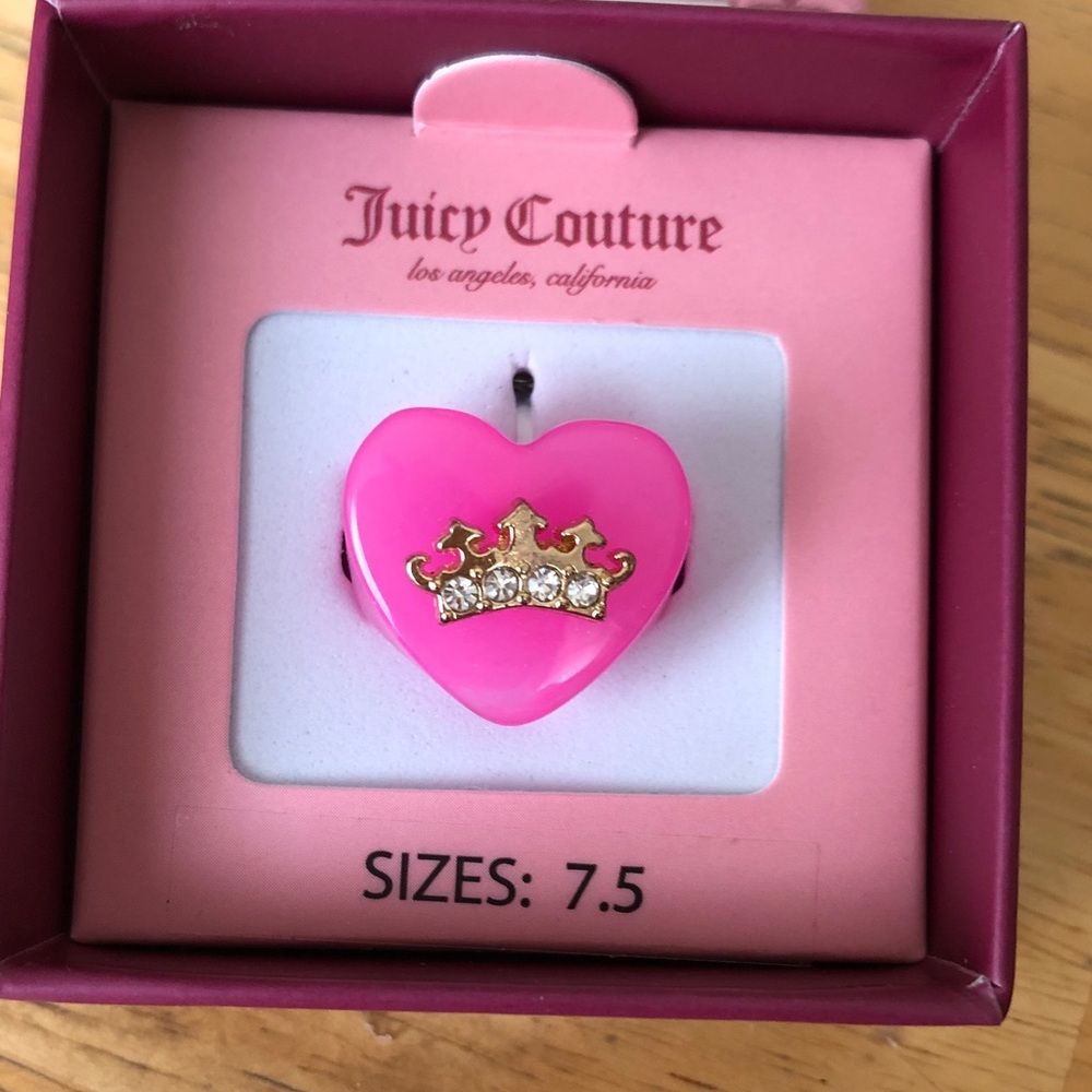 Juicy Couture Pink Resin Heart With Crown Cocktail Ring Crystal Size 7.5 NIB